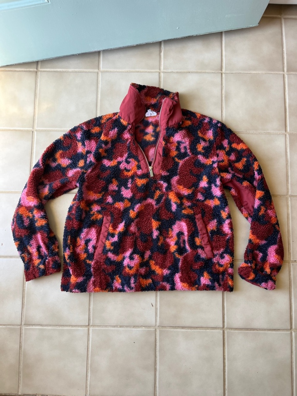 Women’s Fuzzy Quarter Zip Pullover Jacket in Pink & Red Print